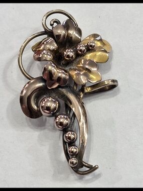 Carl- Art Gold Filled On Silver Floral Swirl Brooch with Bead Accents